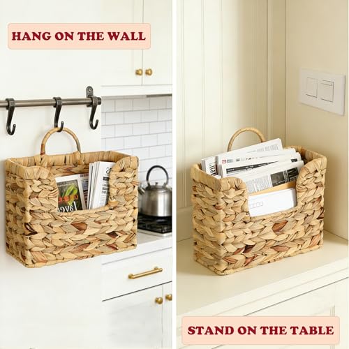 Hanging Magazine Basket, Woven Wall Magazine Holder Organizer with Handle for Mail, Files, Books - Water Hyacinth Farmhouse Storage Rack for Bathroom, Kitchen, Office