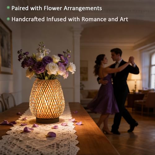 ARTZONE Rattan Lamp, Vintage Boho Lamp for Bedside, Handmade Mini Bamboo Table Lamp for Entrance Bedroom Living Room Office and Home Decor