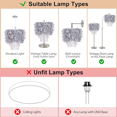 Feather Lamp Shade with Acrylic Beads Droplets, Fluffy Light Shade for Pendant, Table, Floor & Wall Lighting, Girl Bedroom Decor, ID 11.8inch, OD 15.7inch, Grey - color: Grey, size: 15.7 inches