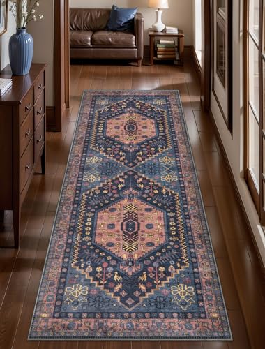 Ciicool 2x5ft Runner Rug, Hallway Wahshable Rugs Vintage Kitchen Carpet for Entrance Bedroom Bedside Living Room Kitchen Laundry Bathroom Decor - color: Navy/Multi, size: 2' x 5' (Runner)