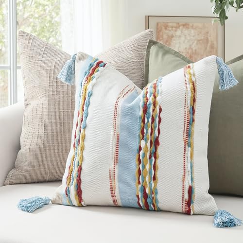PANOD Chenille Farmhouse Throw Pillow Covers 18 x 18 Blue Brown, Neutral Boucle Couch Pillow Cover, Striped Decorative Boho Coushion Cover Pillow Case for Couch Bed Sofa Bedroom,Modern Accent,Set of 2 - color: Light Blue Tone, size: 18" x 18" (Pack of 2)