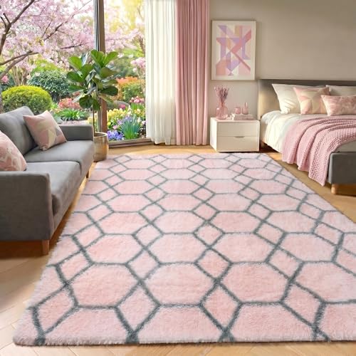 ONASAR Area Rugs for Girls Bedroom Living Room, 4x6 Fluffy Pink and Grey Throw Rug, Shaggy Geometric Soft Plush Floor Carpet for Nursery Boys Teen Playroom Dorm Home Office Decor Aesthetic - color: 9- Pink / Grey, size: 4' x 6' (Rectangular)
