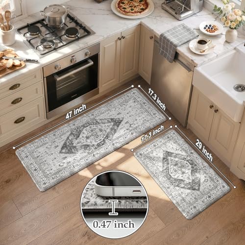 KIMODE Kitchen Rugs and Mats for Floor 2 Piece Cushioned Anti Fatigue Kitchen Mat Non-Skid Waterproof Kitchen Runner Rug Boho Laundry Room Rug for Kitchen Decor, Floors, Office, Desk, Grey Rug Set - color: Light Grey, size: 17.3" x 47 "+ 17.3" x 29 "--0.4
