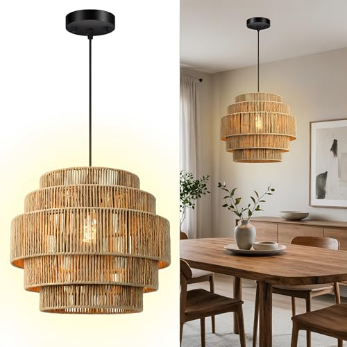 5-Tier Rattan Chandelier Light, 13”Hand Woven Hemp Rope Boho Pendant Light, Large Farmhouse Hanging Lamp for Kitchen Island,Dining Room, Bedroom, Entryway, Foyer, Coastal Decor,Adjustable Cord,Brown - color: Brown-1