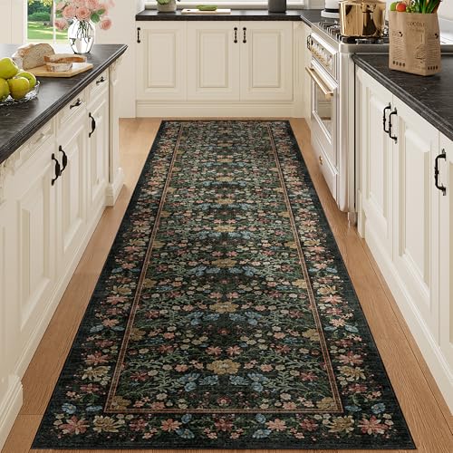 DUKINO 3x6 Kitchen Runner Rug, Washable Soft Vintage Floral Non Slip Runner Rug for Hallway, Low Pile & Non Shedding Indoor Carpet for Entryway, Kitchen, Hallway, Bathroom, Laundry, Bedroom, Black - color: Black, size: 3' x 6' (Rectangular)