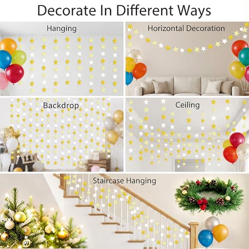 Glitter Gold, Light Gold & White Iridescent Star Garland 90FT, 240pcs Hanging Glitter Star Banner Backdrop for Birthday, Baby Shower, Wedding & Christmas Party Decorations (6 Packs) - color: Glitter Gold & Glitter Light Gold & White
