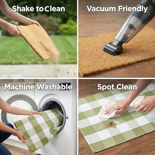 Bee Happy Layered Doormat Set, Spring Door Mat with Printed Coir Welcome Mat and Plaid Layering Doormat, Farmhouse Front Door Entryway Decorative Porch Mat (Green, 3' x 5') - color: Green, size: 3' x 5' (Rectangular)