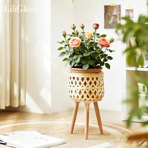 Boho Rattan Plant Stand – Handwoven Elevated Wicker Plant Baskets for Indoor Plants, Mid-Century Modern Wooden Planter Holder with Tripod Legs, Farmhouse Home Decor（small） - size: 1 pieces (S)