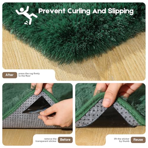 2x3 Dark Green Rugs for Bedroom Living Room, Fluffy Small Area Rug Soft Shag Carpet for Kids Boys and Girls Room with 4 Rugs Non-Slip Stickers Dorm Home Decor (2ft x 3ft) - color: Dark Green, size: 2' x 3' (Rectangular)