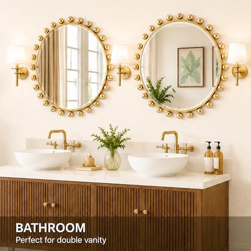30 Inch Round Wall Mirror with Antique Gold Ball Frame, Beveled Decorative Round Accent Mirror, Vintage Gold Sunburst Style Mirror for Bedroom, Living Room, Entryway, Hallway & Wall Decor - size: Round 30x30"
