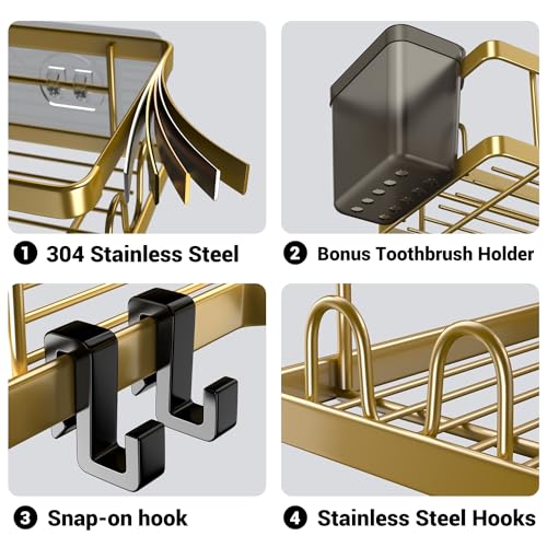 AKTECKE Corner Shower Caddy Organizer Shelf: 2Pack Adhesive Shower Rack, No Drilling Stainless Steel Shower Storage Shelves for Bathroom Kitchen (Gold) - color: gold, size: 9.6"×9.6"×2.6"
