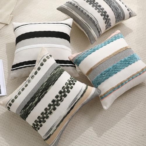 Boho Pillow Covers 18x18 Set of 2 for Couch-Modern Farmhouse Sofa Green Decorative Throw Pillow Covers Textured Chenille Cushion Covers Outdoor Netural Bohemian Bed Pillow Cases Square - color: Dark Green Stripe
