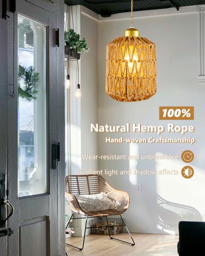 Boho Pendant Light, 6″ Hanging Lamp with Rattan Cylinder Lamp Shade, Small Wicker Pendant Lights Fixture, Rattan Chandelier Woven Pendant Lamp for Kitchen Island Dining Room Bedroom Hallway - color: 5.9″-Cylindrical