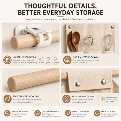 No Drill Canvas Wall Organizer with Mounting Clips, Hanging Pocket Organizer with Wooden Rod, Fabric Wall Storage for Bedroom, Bathroom, Entryway (Medium & Small Set) - size: Medium & Small Set