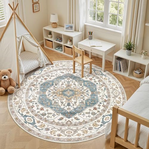 Area Rug for Living Room - 8x8 Soft Washable Oriental Vintage Floral Distressed Large Carpet - Fade Stain Resistant Non Slip Rugs for Bedroom Dining Room Nursery Dorm Office Home Decor - Blue/Beige - color: Blue/Beige, size: 8' x 8' (Round)