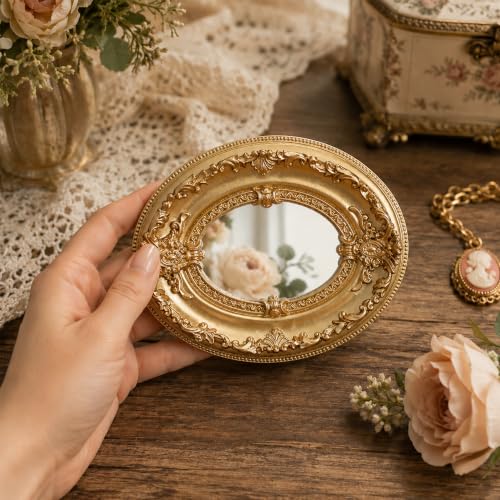 Golden Mini Vintage Mirror with Exquisite Relief Elegant Wall Decor for Bedroom Dresser Table Compact Resin Retro Design (Golden Oval, 4.7 X5.5) - color: Golden Oval