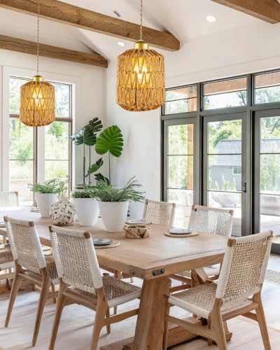 Boho Pendant Light, 6″ Hanging Lamp with Rattan Cylinder Lamp Shade, Small Wicker Pendant Lights Fixture, Rattan Chandelier Woven Pendant Lamp for Kitchen Island Dining Room Bedroom Hallway - color: 5.9″-Cylindrical