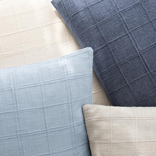 Foindtower Set of 1 Decorative Linen Check Throw Pillow Cover Neutral Farmhouse Vintage Cushion Cover Modern Boho Accent Home Decor for Sofa Chair Couch Bedroom Living Room,16×16 Inch,Sky Blue - color: Sky, size: 16" x 16" (Pack of 1)