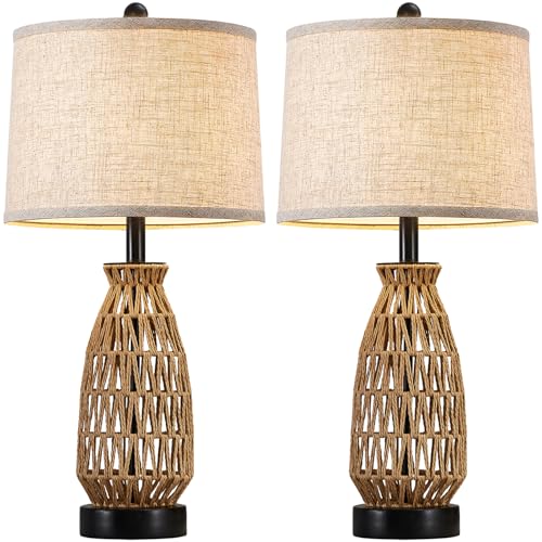 Boho Table Lamp Set of 2, 27" Handwoven Rattan Lamps with Fabric Shade, Bohemian Farmhouse Bedside Lamp Modern Wicker Lamps with Rotary Switch for Bedroom Living Room Nightstands Dorm Farmhouse Decor