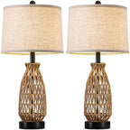 Boho Table Lamp Set of 2, 27" Handwoven Rattan Lamps with Fabric Shade, Bohemian Farmhouse Bedside Lamp Modern Wicker Lamps with Rotary Switch for Bedroom Living Room Nightstands Dorm Farmhouse Decor