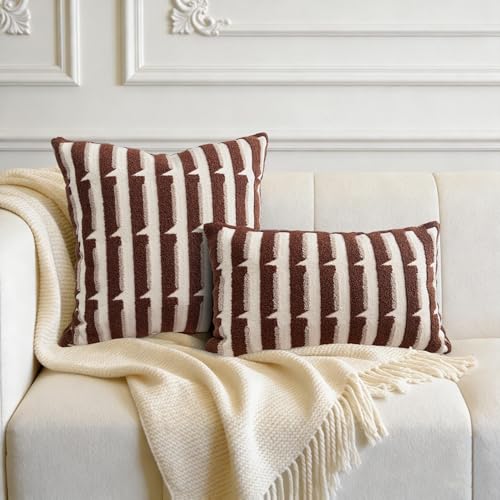20"x20" Brown Cream Stripe Tufted Pillow Covers Luxury Geometric Accent Pillows Soft Woven Decorative Pillow Cases for Couch, Sofa, Bedroom Décor (Caramel, 20"×12") - color: Caramel, size: 20" x 12" (Pack of 1)
