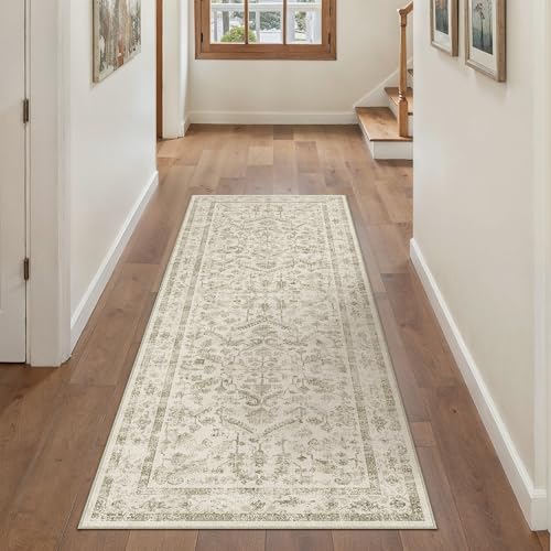 PureCozy Taupe 2x5 Runner Rug Vintage Area Carpet Hallway Indoor Kitchen Washable Low Pile Traditional Distressed Retro Accent Throw Rug Non Slip for Laundry Bathroom Office - color: Neutral Taupe, size: 2' x 5' (Runner)