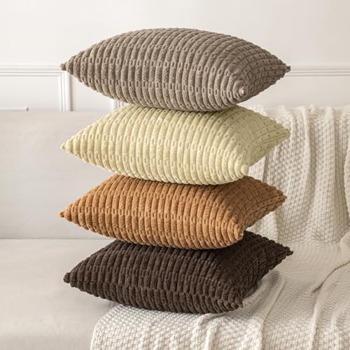 MIULEE Pack of 2 Corduroy Decorative Throw Pillow Covers 16x16 Inch Soft Boho Striped Pillow Covers Modern Farmhouse Home Decor for Sofa Living Room Couch Bed Brown - color: Brown, size: 16" x 16" (Pack of 2)