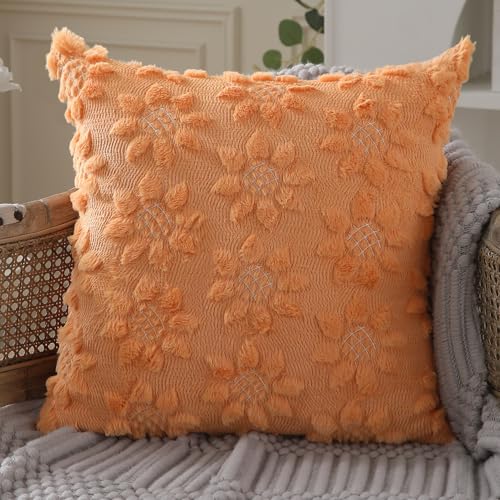 DFXSZ Spring Summer Pillow Covers 16x16 inch Set of 2 Farmhouse Decor White Flower Heart Sunflower Orange Soft Plush Faux Fur Jacquard Throw Pillows for Sofa Holiday Spring Home Decor PTK024H16 - color: Orange, size: 16" x 16" (Pack of 2)