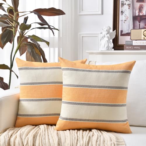 AmHoo Pack of 2 Farmhouse Linen Throw Pillow Cover Cushion Stripe Decoration Buffalo Retro Pillowcase with Hidden Zipper for Sofa Bedroom Car 22 x 22 Inch Yellow - color: Yellow, size: 22" x 22" (Pack of 2)