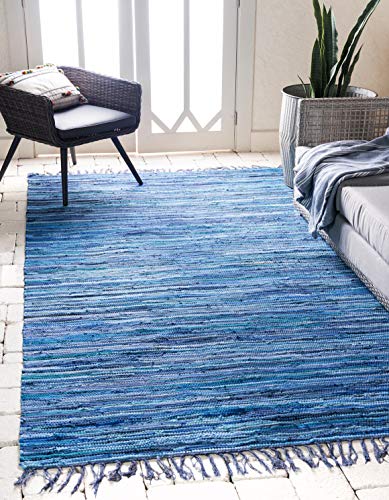 Unique Loom Chindi Cotton Collection Soft Hand Woven Natural Fiber Striped Area Rug, 2 ft 2 in x 3 ft, Navy Blue/Ivory - color: Navy Blue/Ivory, size: 2'2" x 3' (Rectangular)