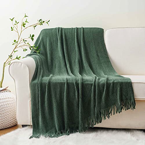 BATTILO HOME Dark Green Throw Blanket for Couch, Soft Chenille Knit Throws with Tassels for Home Decor, Spring Green Throws for Couch Cover, 50"x60" - color: Dark Green, size: 50 x 60 in.