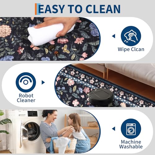 GarveeHome Washable Runner Rug 2.5 x 8 Non-Slip Non-Shedding Soft Vintage Bedside Low Pile Farmhouse Floral Carpet, Indoor Foldable Printed Entryway Rug for Hallway Kitchen, Dark Grey Blue - color: Dark Grey Blue, size: 2'6" x 8' (Rectangular)