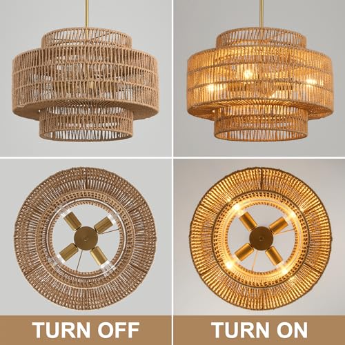 17.7"Boho Rattan Chandelier Light Fixture,4-Light Hand Woven Wicker Pendant Light Fixture Farmhouse Rustic Hanging Ceiling Lamp for Kitchen Island Bedroom, Dining Room, Living Room, Entryway, Foyer - style: Boho-Round-17.7in