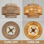 17.7"Boho Rattan Chandelier Light Fixture,4-Light Hand Woven Wicker Pendant Light Fixture Farmhouse Rustic Hanging Ceiling Lamp for Kitchen Island Bedroom, Dining Room, Living Room, Entryway, Foyer - style: Boho-Round-17.7in