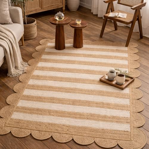 HOMEMONDE Scalloped Jute Area Rug 6'x9' Natural Stripe - Boho Home Décor Farmhouse Style Eco-Friendly Fiber Rug Hand Braided Rustic Vintage for Living Room, Bedroom, Dining Room, Hallway, Kitchen - size: 6' x 9' (Rectangular)
