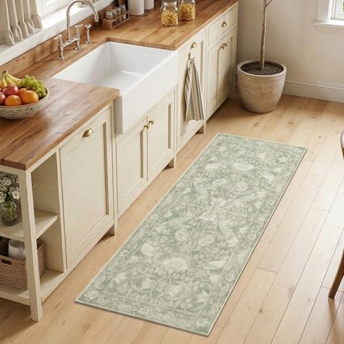 SIRIS 2x5 Washable Runner Rug, Symmetrical Botanical Floral Rug, Vintage Soft Low-Pile Non-Slip Hallway Runner, High-Traffic Floor Mat for Kitchen Entryway Bathroom Vanity Laundry Room, Sage Green - color: Siris Sage Green, size: 2' x 5' (Runner)