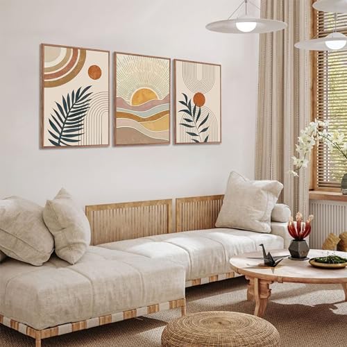 3Pcs Framed Boho Abstract Wall Art Orange Rainbow Sun Desert Minimalist Picture Mid-Century Modern Poster Prints Neutral Botanical Geometric Canvas Painting Wall Decor for Living Room 24L" x 16W" - color: Framed, size: 24L" x 16W"