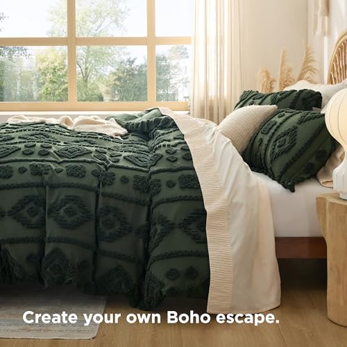Bedsure Boho Duvet Cover Queen Size - Tufted Boho Bedding, Farmhouse-Style Distressed Vintage Embroidery Bedding for All Seasons, 3 Pieces, 1 Soft Jacquard Queen Comforter Cover and 2 Pillow Shams - color: 07 - Green Tufted (No Comforter), size: Queen (90