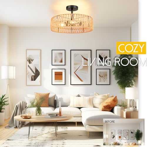 Hamilyeah Boho Woven Flush Mount Ceiling Light Fixture, 16 inch Rattan Light Fixture Ceiling Mount for Living Room, Bedroom, Kitchen - color: Black 16INCH Semi Ceiling Light