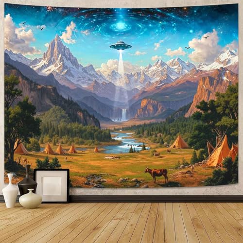 Wegklazax UFO Alien Tapestry, Cosmic Fantasy Mountain Wall Art for Room Decor, Sci-Fi Nature Home Decor 90" L x 70" W - color: Blue Green, size: 90"L x 70"W