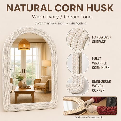 30" x 40" Arched Wall Mirror, Handwoven Natural Corn Husk Fiber with Light Whitewashed Finish, Warm Boho Coastal Style for Entryway, Bedroom, Living Room, Vertical Hanging - size: 40"L x 30"W