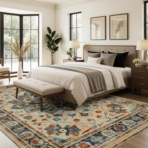 Joydeco 5x7 Area Rugs for Living Room, Non Slip Machine Washable Vintage Rug, Low Pile Chenille Print Rugs for Bedroom, Dining Room, Home Office, Pet & Child Friendly, Beige & Blue & Reddish-Brown - color: Beige&blue&reddish-brown, size: 5' x 7' (Rectangu