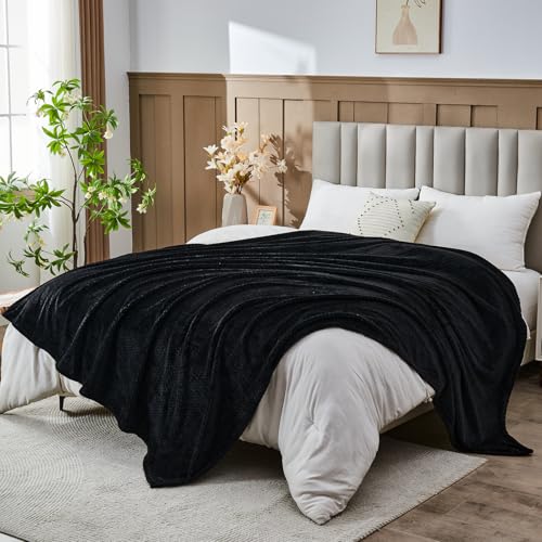 NEWCOSPLAY Super Soft Queen Blanket Black Premium Silky Flannel Fleece Leaves Pattern Lightweight Bed Blanket All Season Use (Black, Queen(90"x90")) - color: Black, size: Queen(90"x90")