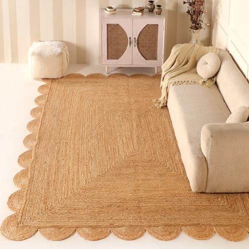 Scalloped Natural Jute Area Rug 6x9ft – Handwoven Natural Fiber Rug for Living Room, Bedroom, and Entryway, Rustic & Boho Style - size: 6' x 9' (Rectangular)
