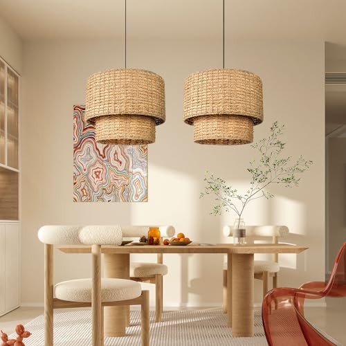 Arturesthome Rustic Pendant Light Fixture, Woven Rattan Lampshade Coastal Hanging Lighting, Adjustable Vintage Farmhouse Chandelier Lamp Shade for Kitchen Island Dining Room - size: 15.7in * 12.5in