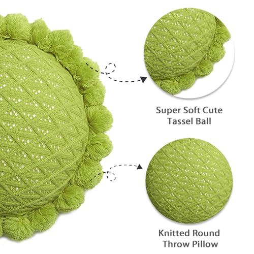 Acrylic Knitted Round Throw Pillow Knitting Bohemian Circular Cushion Pillow with Knit Handmade Pompoms Decorative Apple Green, Diameter 18inches - color: Apple Green