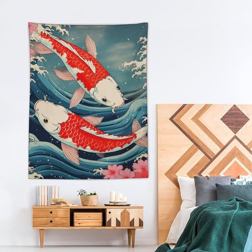 QEOPGNE Large Tapestry Wall Hanging Decor Koi Fish Japanese Great Waves Cherry Blossom Retro Wall Flags Tapestry for Bedroom Living Room Wall Art Decor Tapestries 60""x80"", style - color: Style, size: 80L" x 60W"