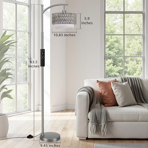 Ambimall Arc Floor Lamp for Living Room with Remote, Color Temperature & Brightness Adjustable, Boho Standing Lamp with Rattan & Fabric Double Drum Shades, Bulb Included(Deep Gray) - color: Deep Gray Rustic