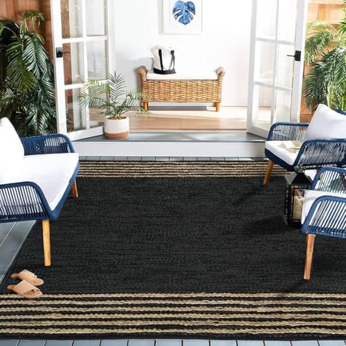 GRUHUM Jute Area Rug 9x12 ft- Natural Fibre Black Rectangular Leather Handwoven Boho Farmhouse Soft Braided Rustic Vintage Rugs for Indoor Eco Friendly Livingroom Bedroom Kitchen Hallways Enterways - color: Natural Black- 20, size: 9' x 12' (Rectangular)