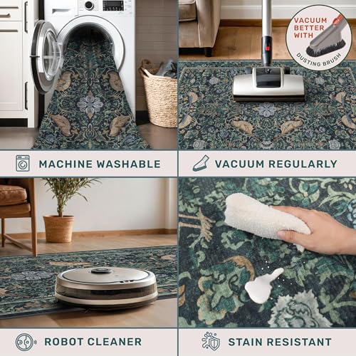 Boho 2x5 Entryway Indoor Runner for Bathroom - Botanical Bird Runner Rug for Kitchen Floor, Hallway, Bedroom, Entrance, Blue and Teal Neutral Vintage Decor, Washable Non Slip Low Pile - color: Blue, size: 2' x 5' (Runner)